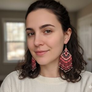 Hand Crafted Seedbead Black and Pink Beaded Fringe Earrings 925 Silver Hook